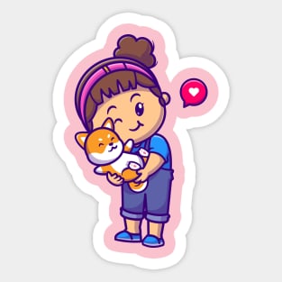 Cute Girl Hug Shiba Inu Dog Cartoon Sticker